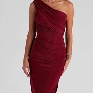 Burgundy formal one shoulder ruched dress